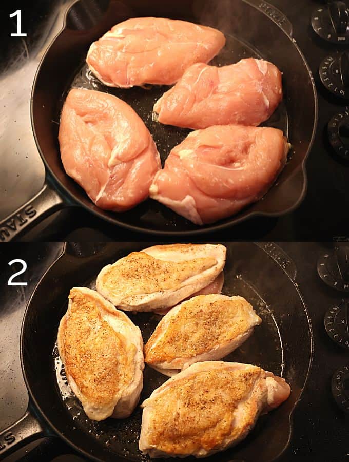 searing chicken in a cast iron skillet on the stove top