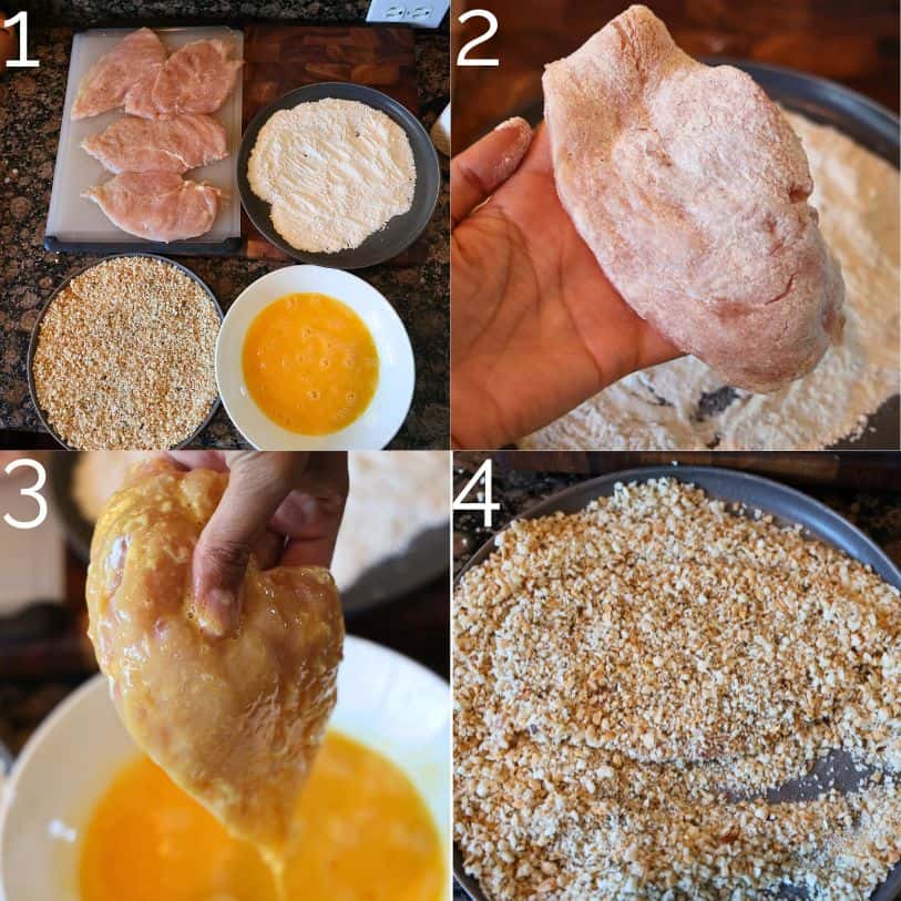 breading a chicken cutlet with flour, egg wash, and breadcrumbs