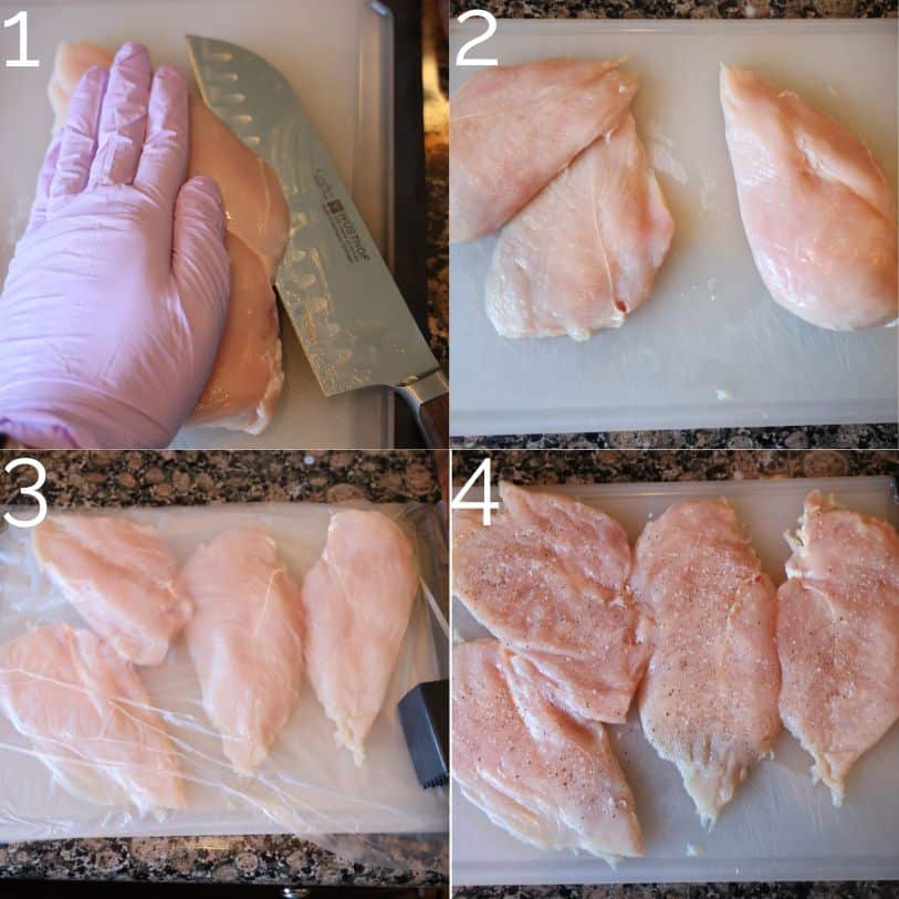 step-by-step cutting a chicken breast into a thin cutlet on a white cutting board, wearing a purple glove