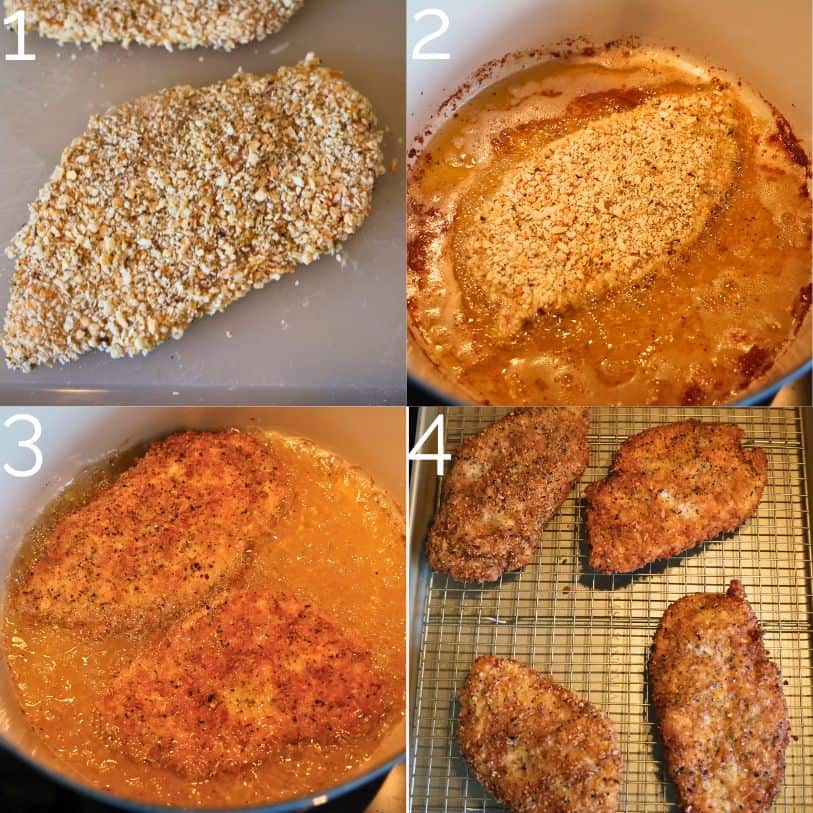 frying a breaded chicken cutlet in oil in a dutch oven on the stovetop
