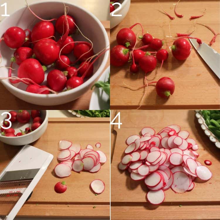 slicing radishes on a wooden cutting board with a mandoline