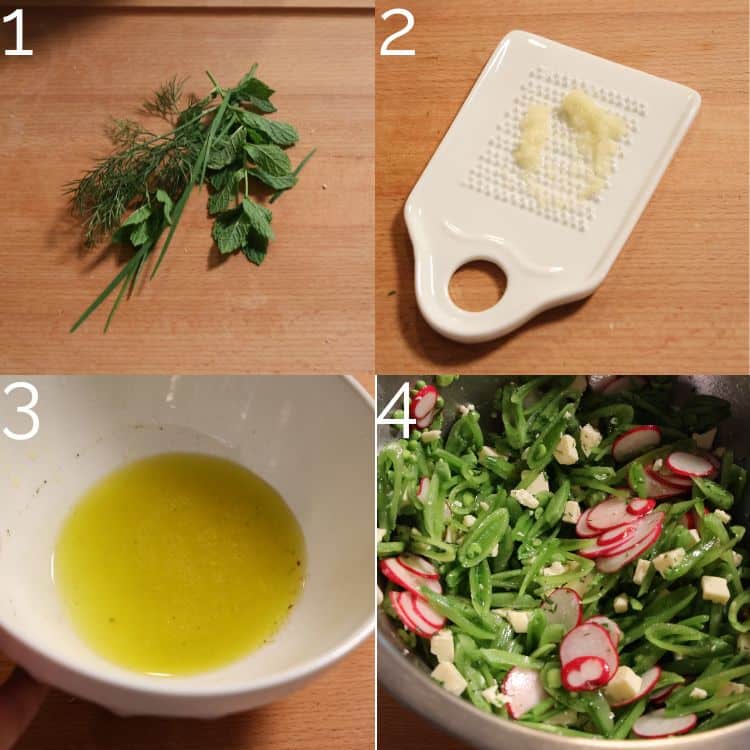 herbs and grated garlic on a wooden cutting board. A white bowl with salad dressing, and a metal bowl with sliced snap peas and radishes.