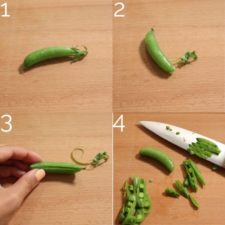 a single snap pea and peeling the string from each side. Then sliced thinly on a wooden cutting board with a knife.