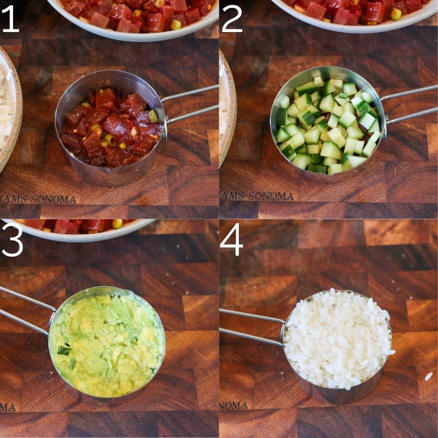 step by step adding tuna, cucumbers, avocado, and rice into a silver measuring cup
