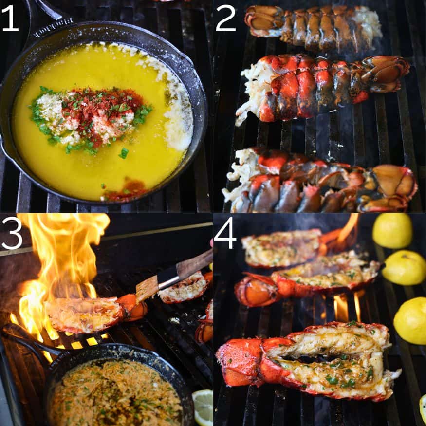 grilling lobster tails on a grill and basting with a brush and flames coming out of grill