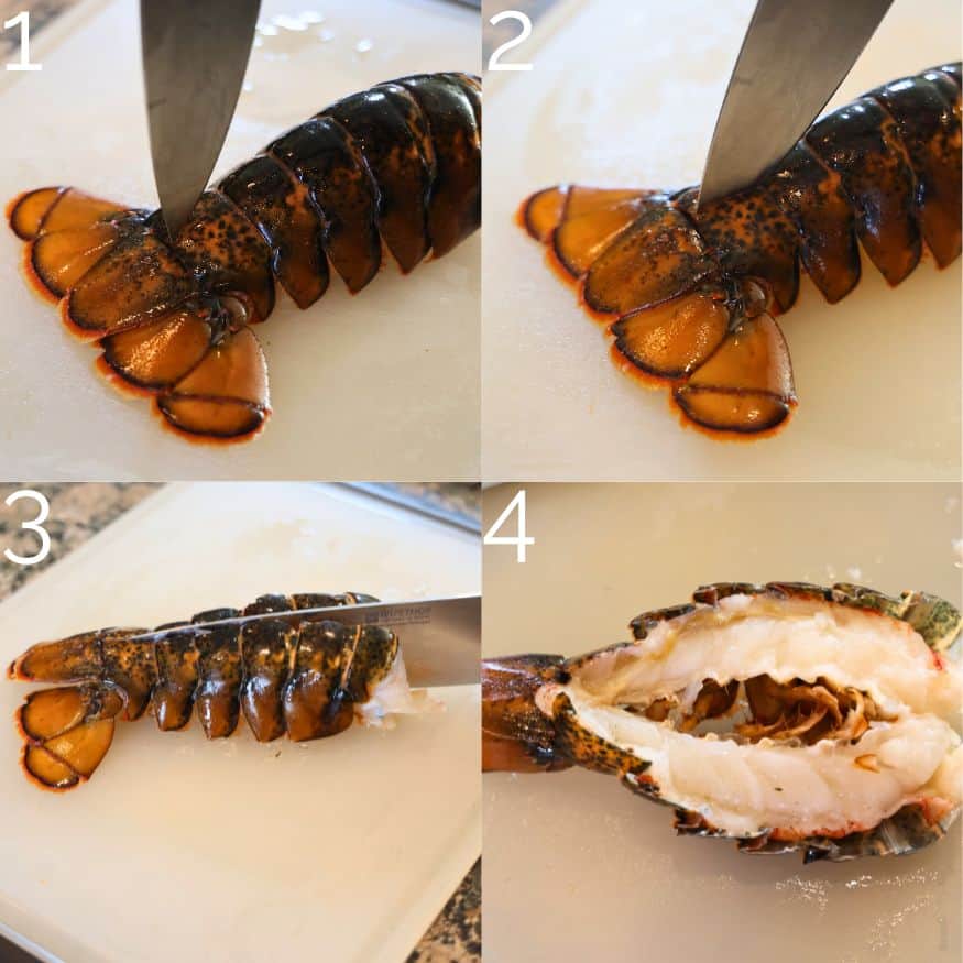 Cutting a lobster tail in half using a large chef's knife on a white cutting board