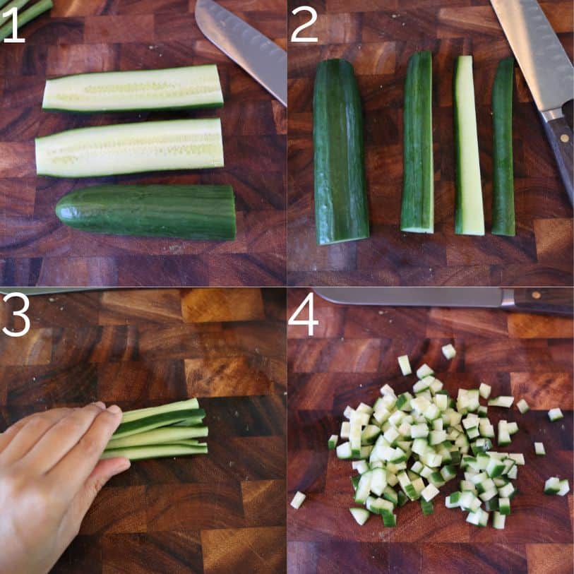 dicing a cucumber on a wooden cutting board
