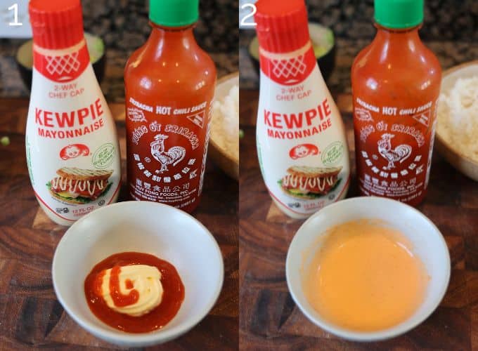 mixing kewpie mayo with sriracha to make spicy mayo