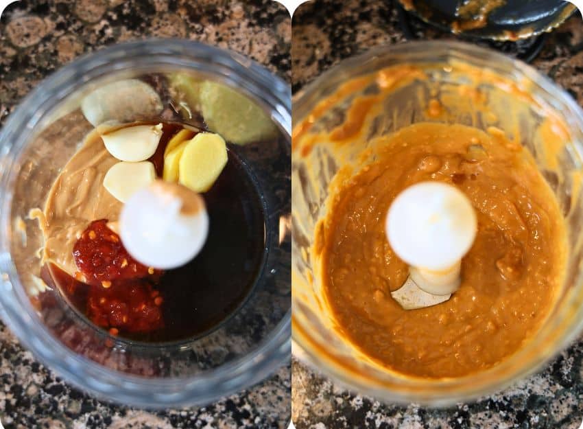 blending spicy peanut sauce in a food processor