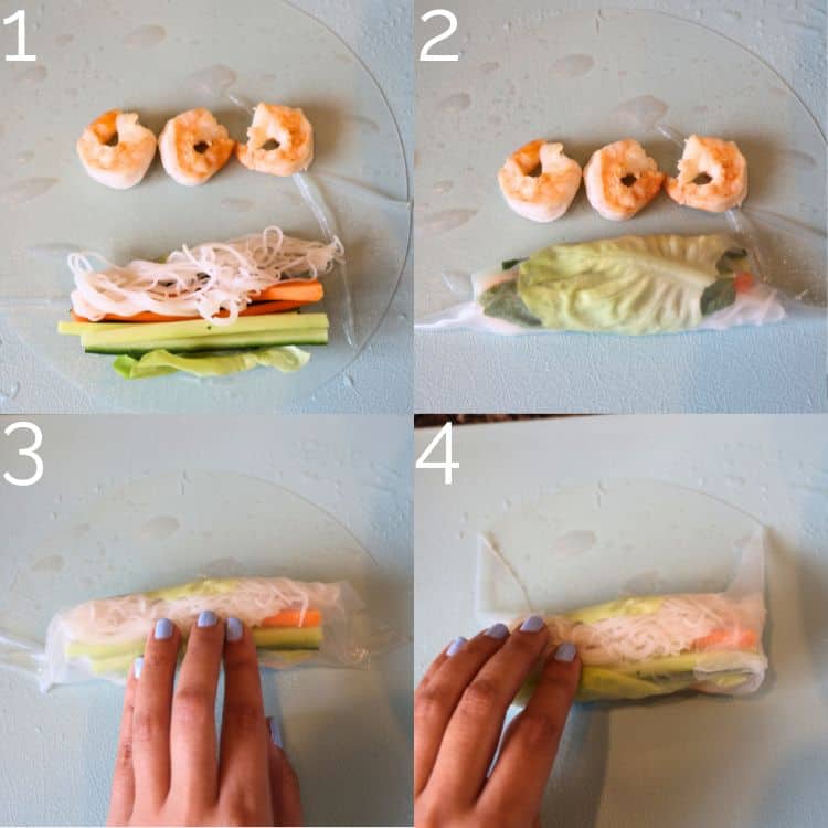 rolling shrimp spring rolls on a cutting board