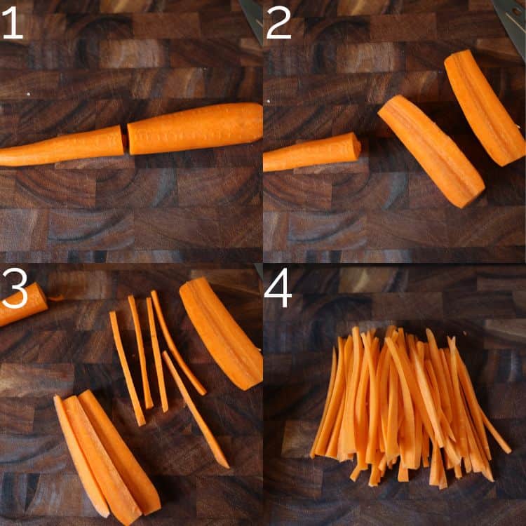 step-by-step cutting a carrot into a strip