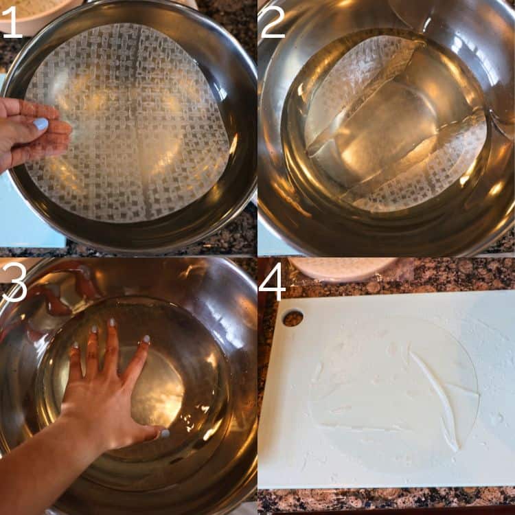 soaking rice paper in a bowl of water