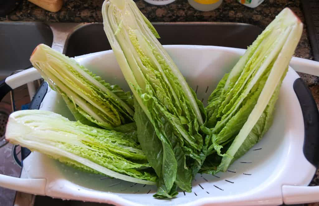 halved romaine hearts being rinsed in the sink