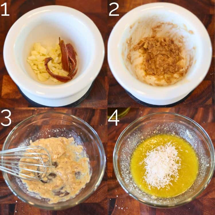 step-by-step smashing garlic and anchovy into a paste, then folding into olive oil and parmesan cheese