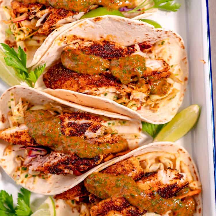 white tray with four tacos filled with blackened fish, topped with a chipotle sauce, surrounded by fresh cut limes and fresh cilantro stems on a grey background