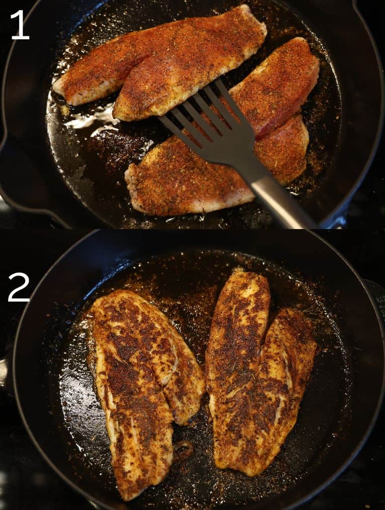 blackening fish filets in a cast iron skillet