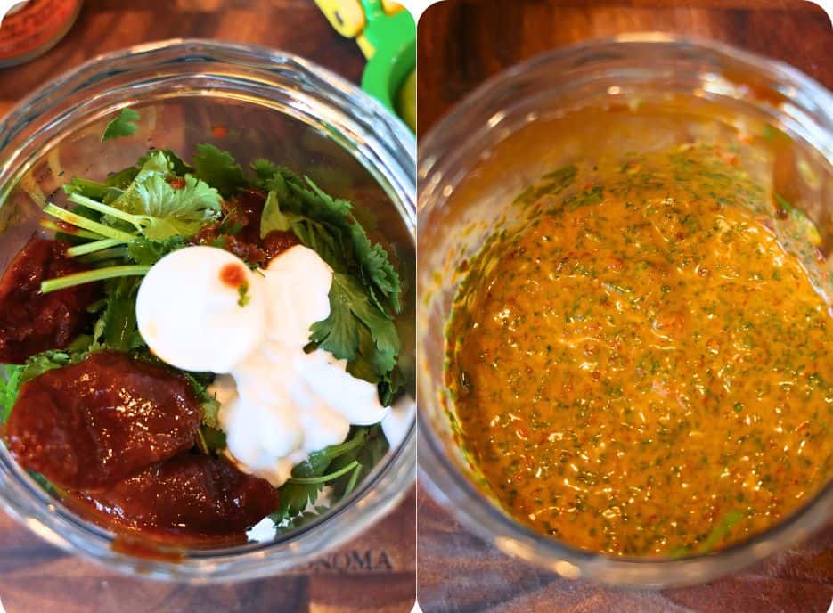 blending cilantro, yogurt, chipotle peppers, and lime juice in a plastic container on a wooding cutting board