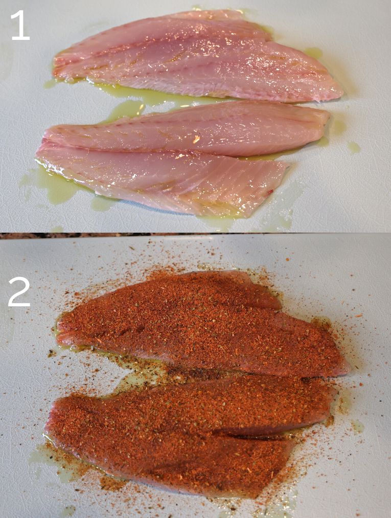 seasoning a snapper fish fillet with blackening seasoning on a blue cutting board