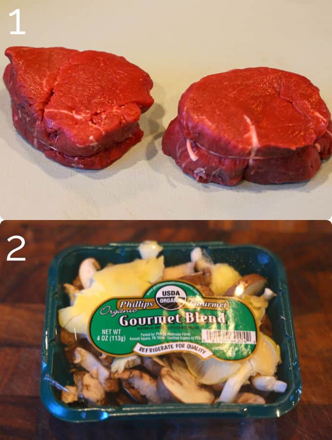 two filet mignons on a blue cutting board and a package of mixed mushrooms in a green basket on a wooden cutting board