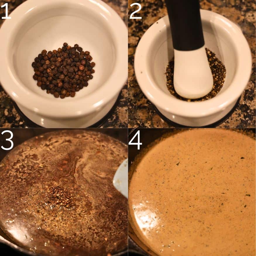 grinding black peppercorns with a mortar and pestle then turning them into a sauce in a cast iron skillet