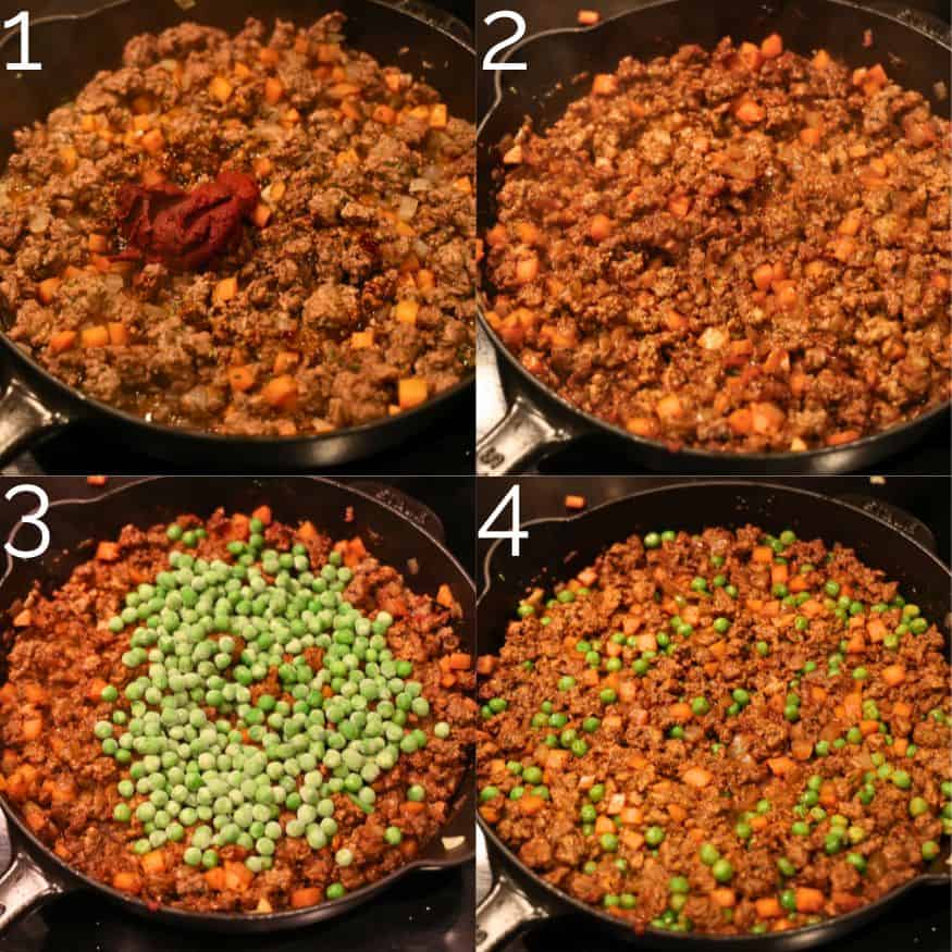 adding green peas to shepherds pie stuffing in a cast iron skillet