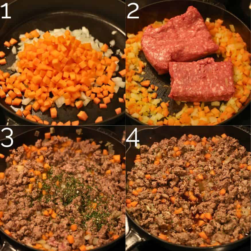 top right corner sautéing onions and carrots, adding lamb, cooking lamb with fresh thyme and rosemary in a cast iron skillet