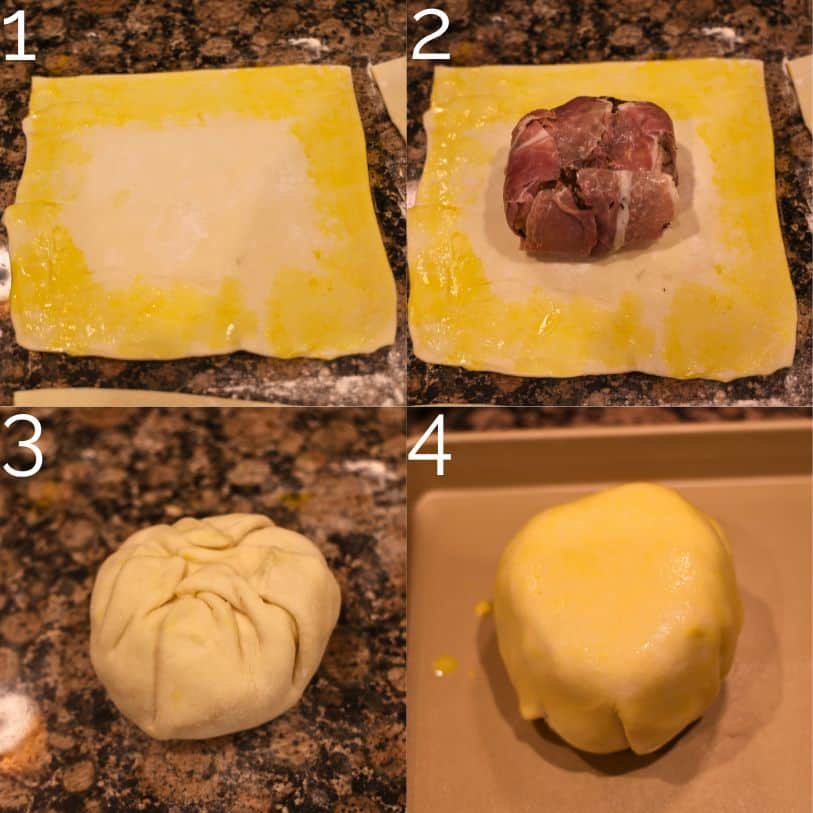 wrapping prosciutto wrapped beef in a layer of puff pastry