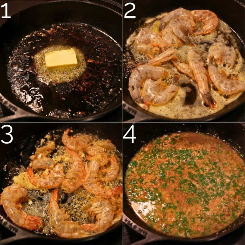 cooking shrimp shells in cast iron with butter and parsley