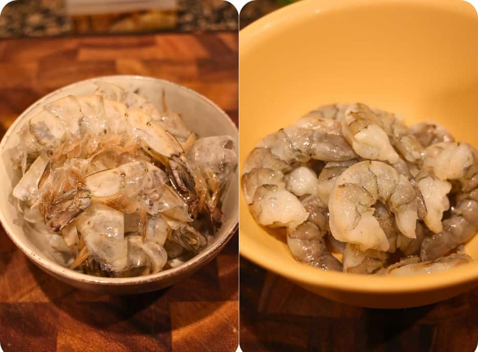 shrimp shells in one bowl and peeled shrimp in second bowl