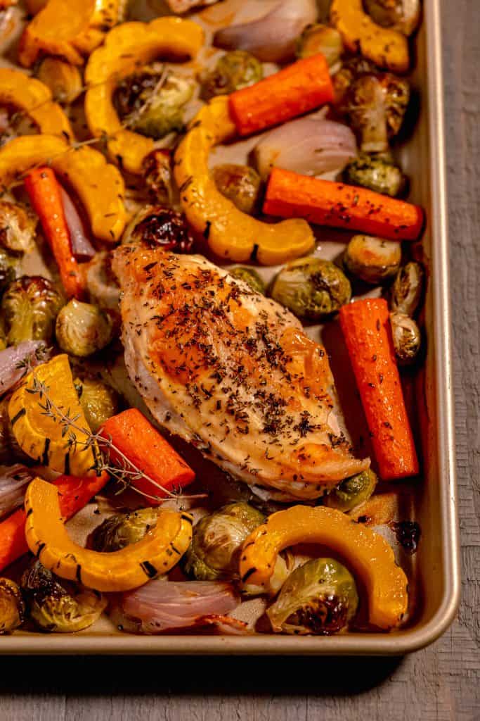 Gold sheet pan filled with a chicken breast, delicata squash slices, carrots, and brussels sprouts