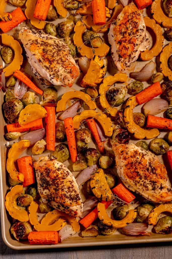 Gold sheet pan filled with a chicken breast, delicata squash slices, carrots, and brussels sprouts