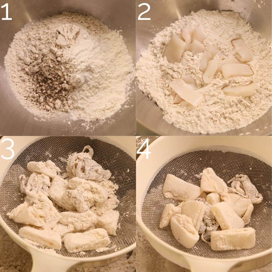 breading calamari in a bowl of flour
