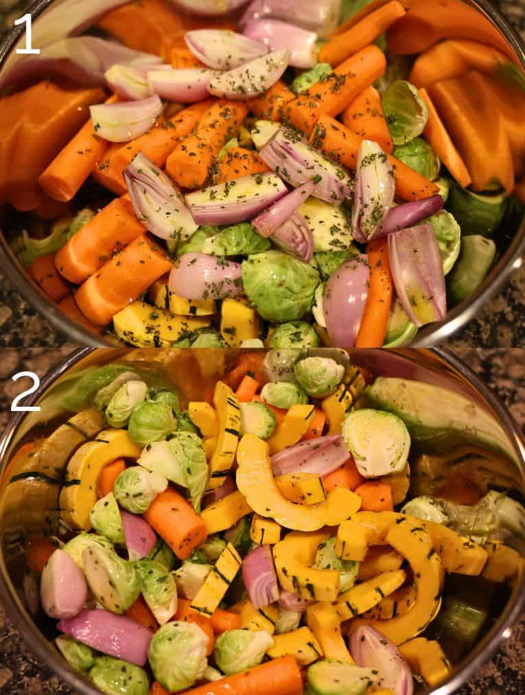 brussels sprouts, carrots, squash, shallots, in a metal bowl seasoned with rosemary and thyme