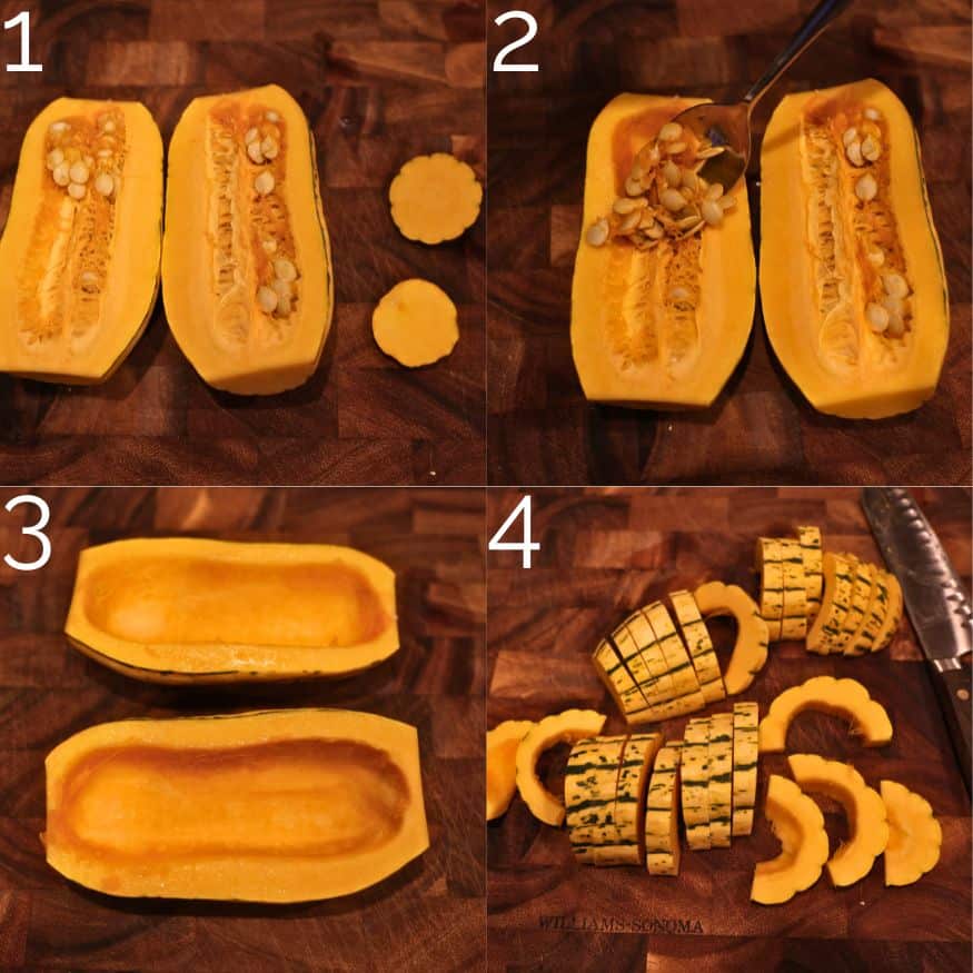 cutting a delicata squash into slices on a wooden cutting board