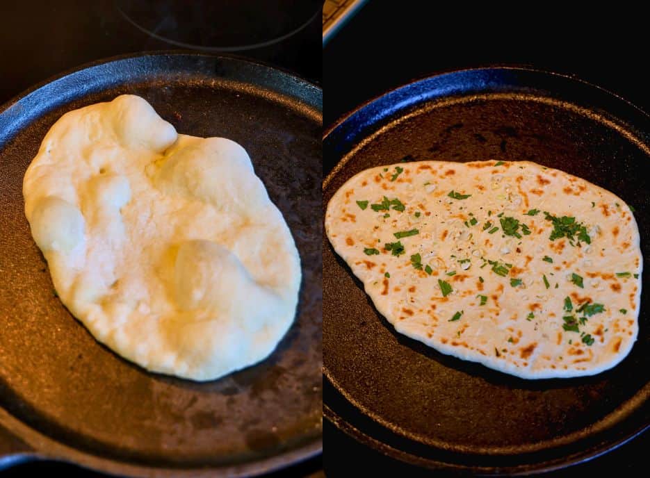 cooking naan on a cast iron skillet
