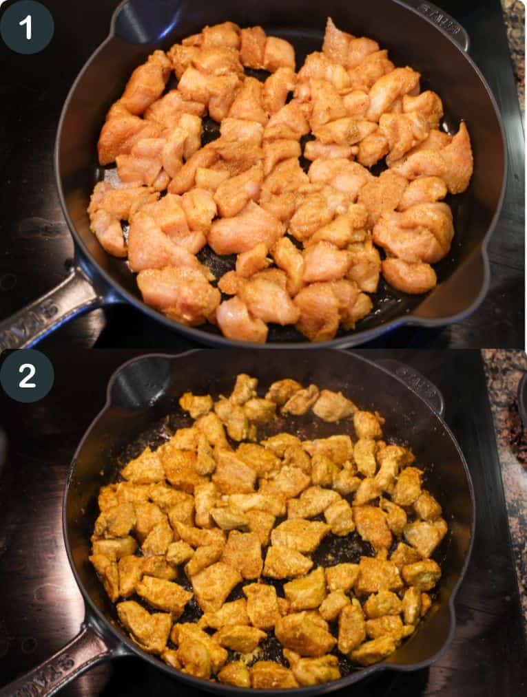 cooking curry chicken in a cast iron skillet