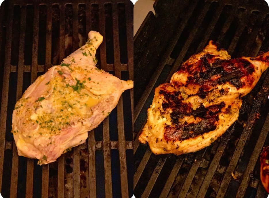 mojo marinated chicken halves on a gas grill