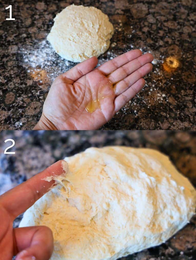 oiling hands for kneading dough on a kitchen counter
