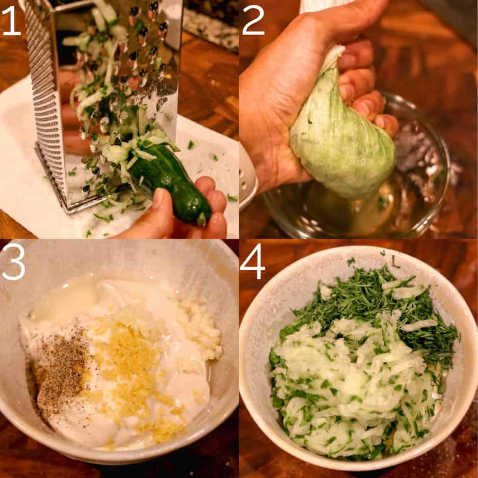 shredding a cucumber with a grater, squeezing liquid out, making tzatziki