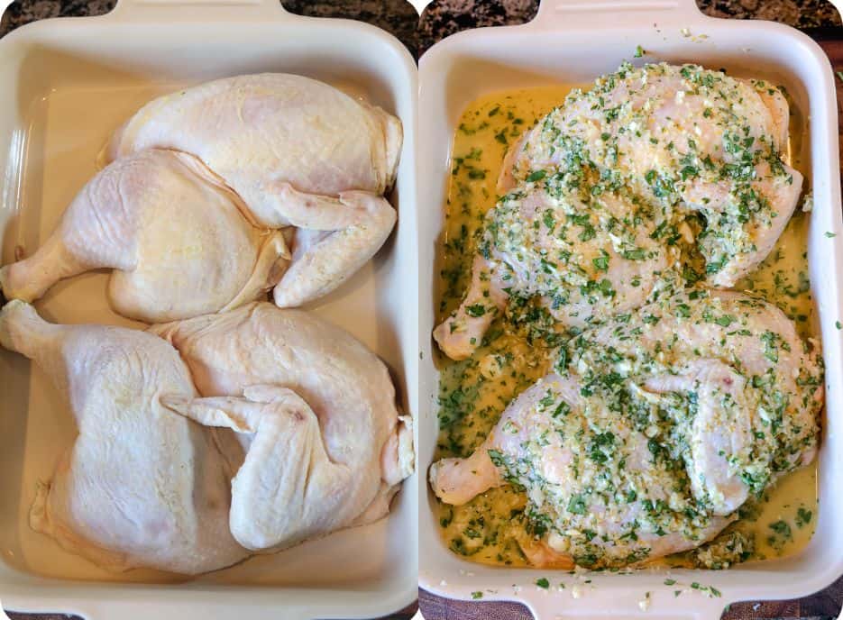 two chicken halves in a baking dish with mojo marinade over the top