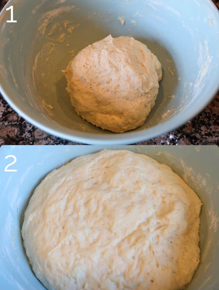 naan dough rising in a blue bowl