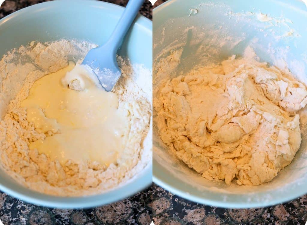 mixing wet ingredients into dry ingredients in a blue bowl
