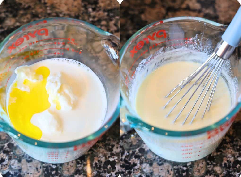 two pyrek measuring cups with milk, yogurt, and melted ghee inside