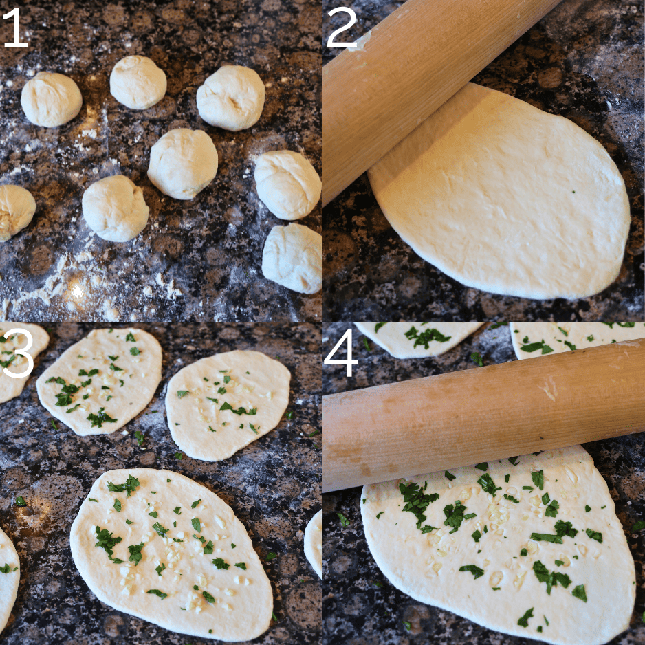 rolling naan dough on kitchen counter with a wooden dough wheel