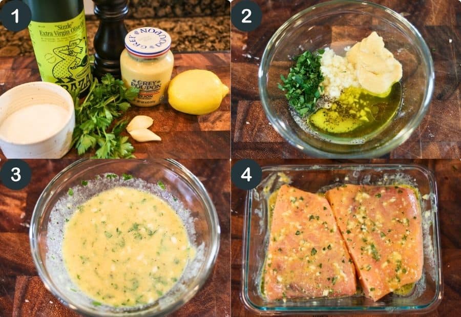 marinating swordfish in dijon mustard, lemon juice, olive oil, garlic, and parsley on a cutting board