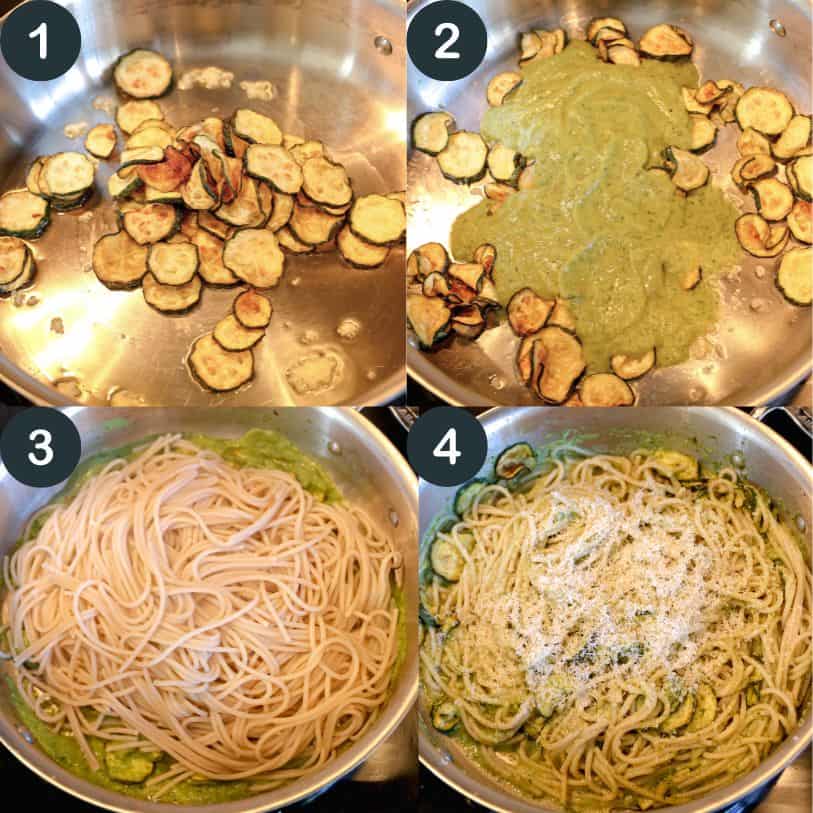 adding zucchini sauce to sliced zucchini in a fry pan and tossing in pasta