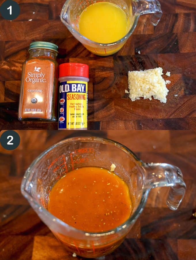 mixing melted butter, cayenne powder, old bay seasoning, and minced garlic in a measuring cup on a wooden cutting board