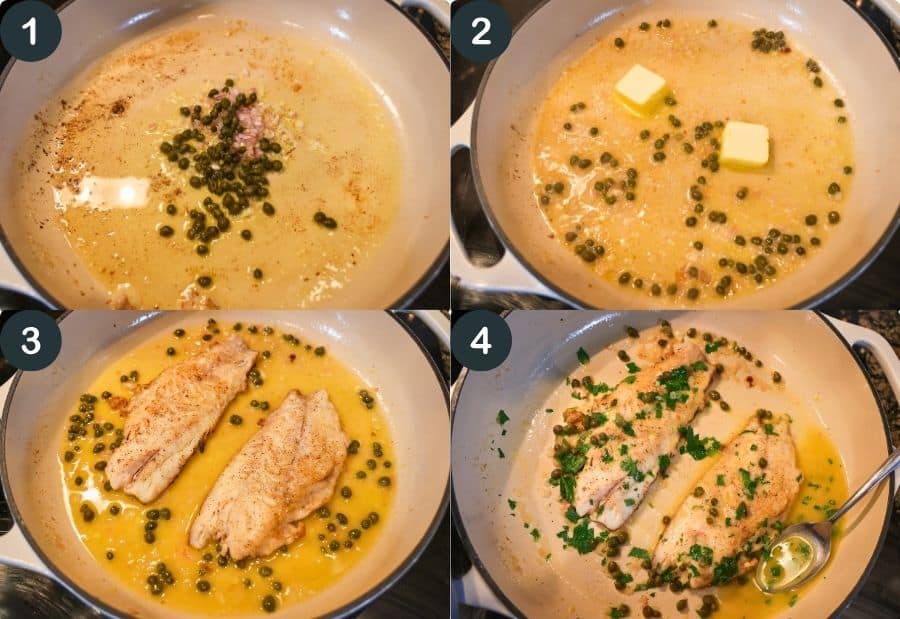 making a lemon butter caper sauce in a skillet