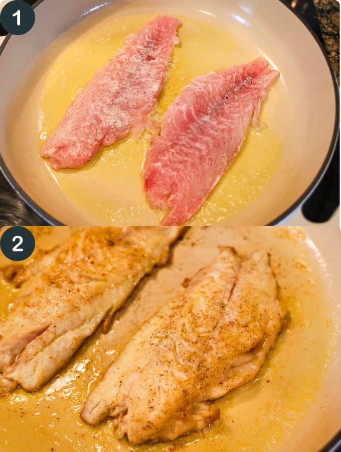 searing two filets of snapper in a skillet with butter and oil