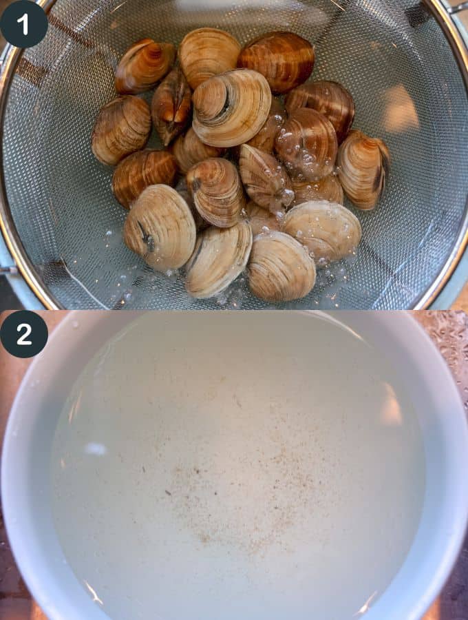 soaking clams in a salted water bowl that is blue